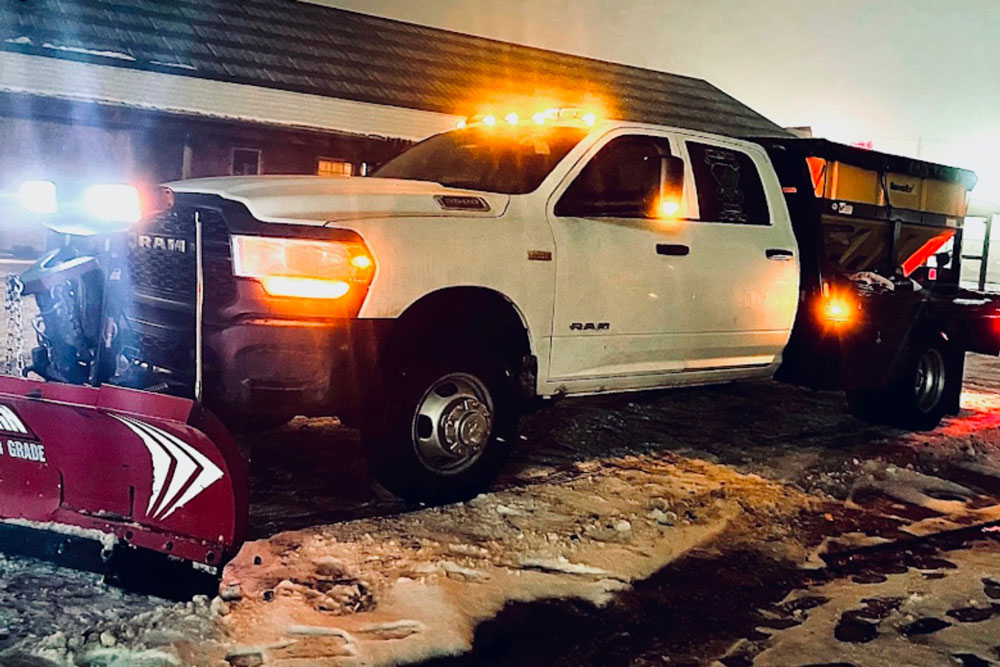 snow plow service truck with plow and de-ice / salt machine